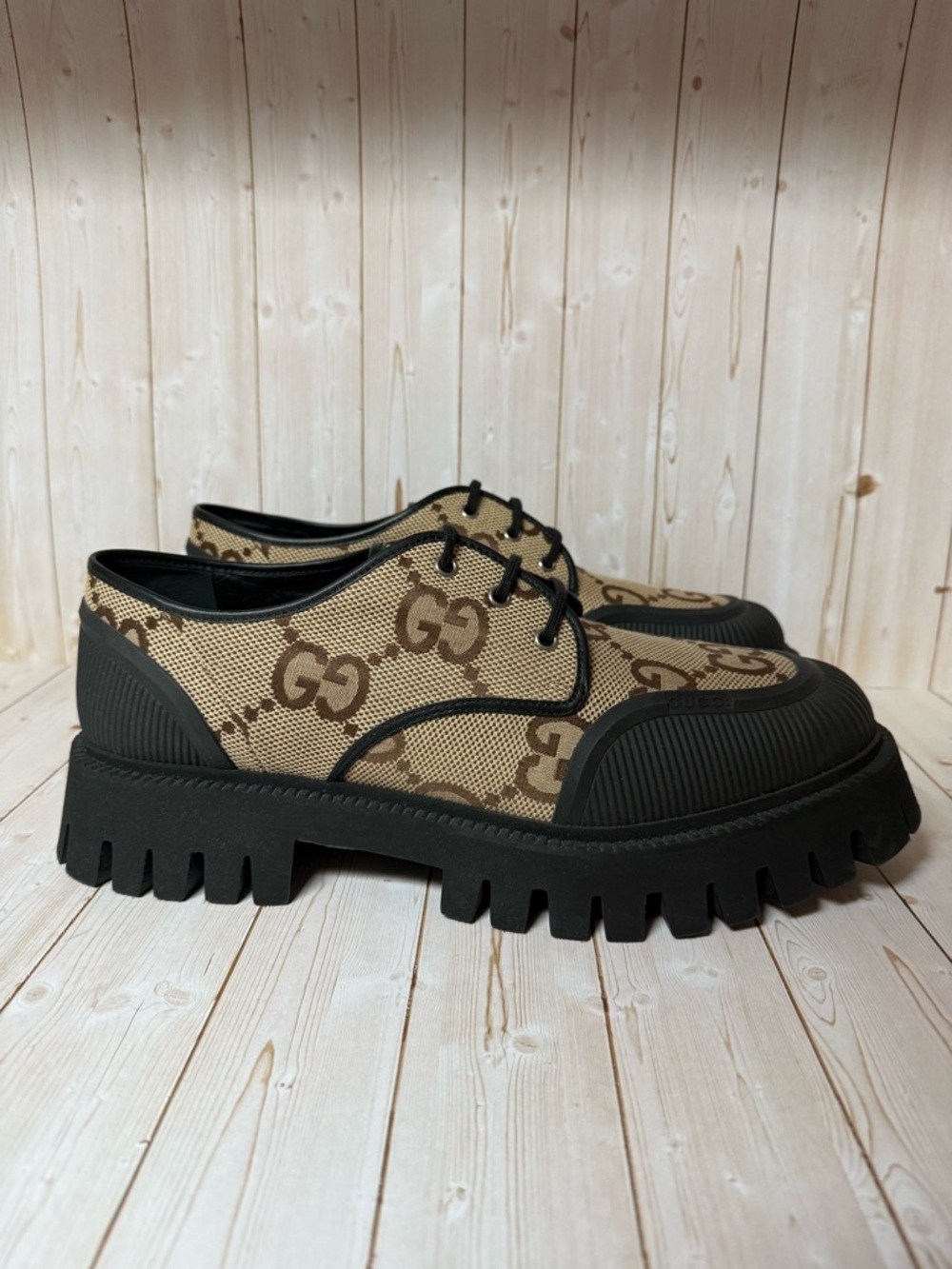 Gucci Monogram Jumbo Maxi GG Lace Up Derby Camel Ebony/Black Sz 13G / 13.5US - Picture 3 of 13